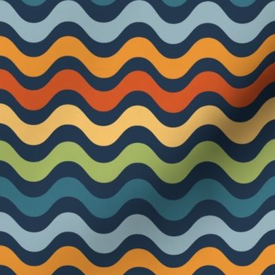 Small Scale Groovy Retro Rainbow Wavy Stripes Halloween Coordinate on Navy