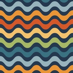 Small Scale Groovy Retro Rainbow Wavy Stripes Halloween Coordinate on Navy