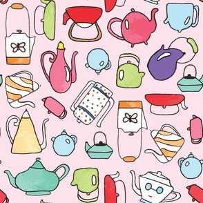(medium) Cute teapots illustrations on pink