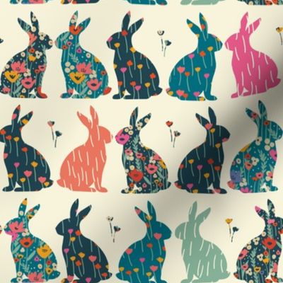 Rabbit - floral pattern -  bunnies - meadow