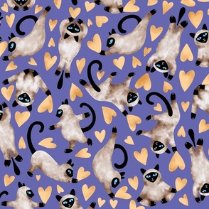 Valentines Siamese Cats on Periwinkle - very peri, valentine hearts, cats with hearts 