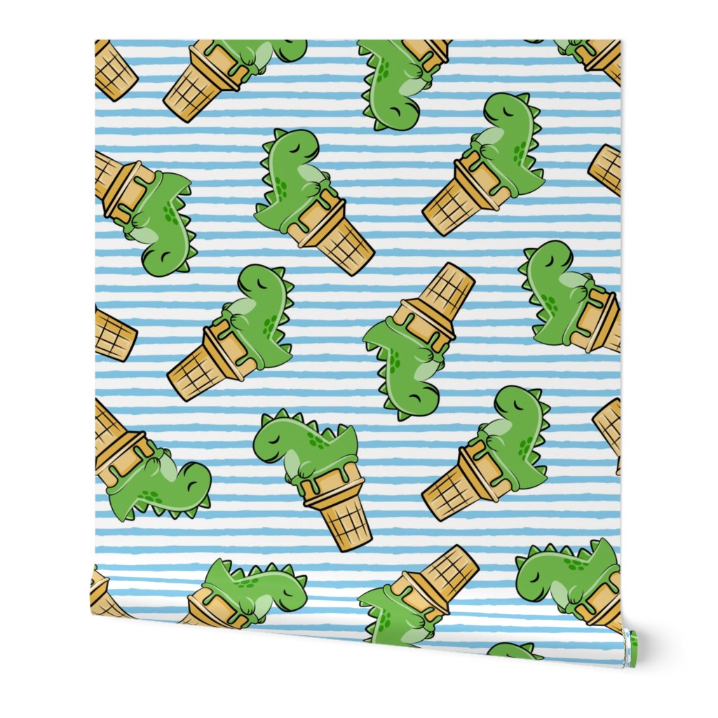 (small scale) cute dinos - trex ice cream cones - toss on blue stripes - C21