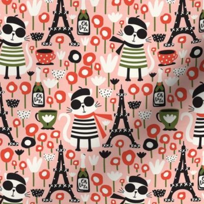 Mon Paris - Parisian Cat - Travel - Eiffel Tower - Pink Small Scale