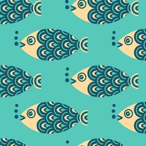 Swimming Fish Undersea Ocean Retro Geometric in Turquoise Blue Cream - Half-Drop Layout - LARGE Scale - UnBlink Studio by Jackie Tahara