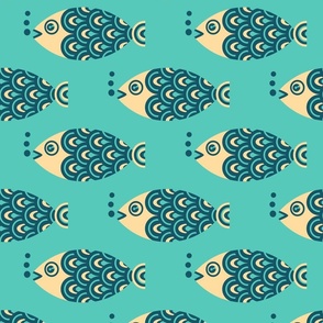 Swimming Fish Undersea Ocean Retro Geometric in Turquoise Blue Cream - Half-Drop Layout - MEDIUM Scale - UnBlink Studio by Jackie Tahara