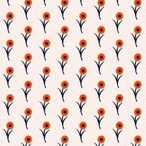 Sweet little boho style simple dandelion floral in orange and navy blue with textured background, small scale for apparel, home decor and crafts