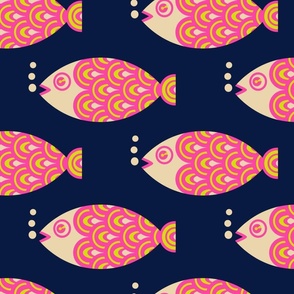 Swimming Fish Geometric in Hot Pink Sand Midnight Blue - Half-Drop Layout - LARGE Scale - UnBlink Studio by Jackie Tahara