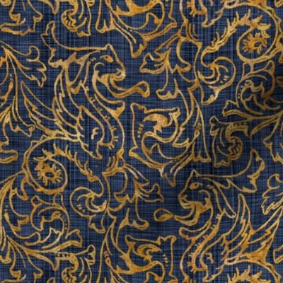 Here There Be Dragons ~ Gilt Gold on Denim Linen ~ 8" width