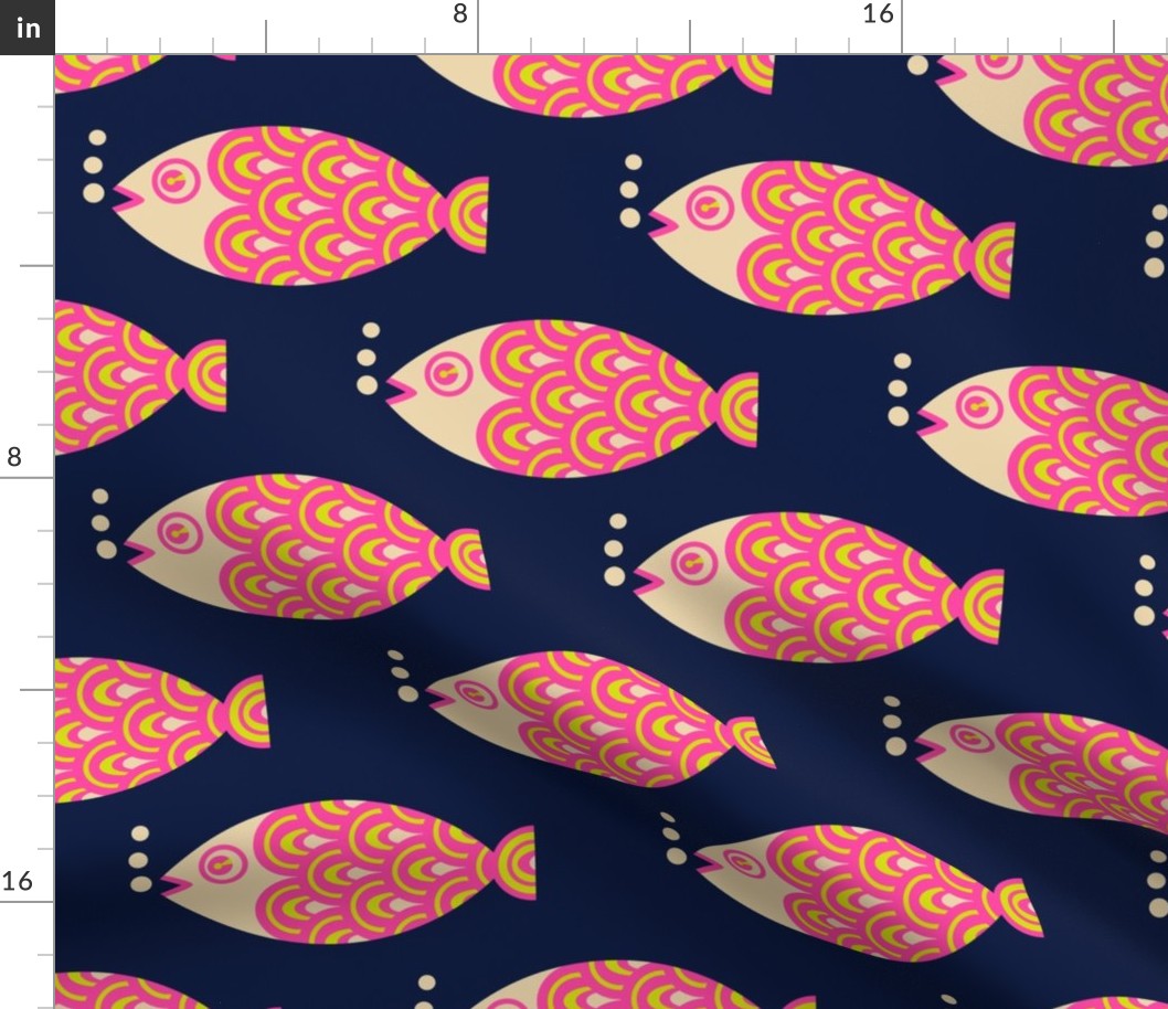 Swimming Fish Undersea Ocean Retro Geometric in Hot Pink Sand Midnight Blue - Half-Drop Layout - MEDIUM Scale - UnBlink Studio by Jackie Tahara