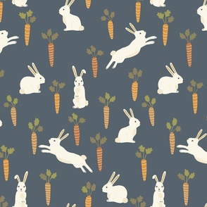 Easter Bunnies and Carrots on Dark Blue