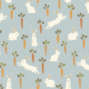 Easter Bunnies and Carrots on Light Blue