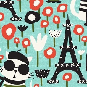 Mon Paris - Parisian Cat - Travel - Eiffel Tower - Aqua Large Scale