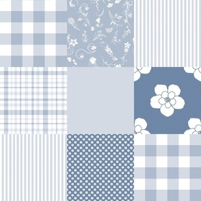 Chambray blue  , white  Cheater Quilt  flowers, checks, stripes, 6 inch blocks