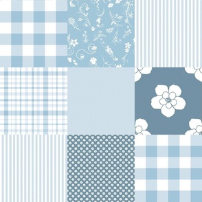 Light Blue  , white  Cheater Quilt  flowers, checks, stripes, 6 inch blocks