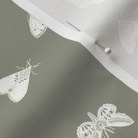 White Folk Art Moths on Evergreen Fog