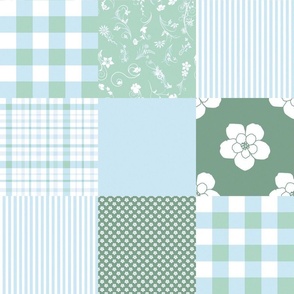 Blue Green  , white  Cheater Quilt  flowers, checks, stripes, 6 inch blocks