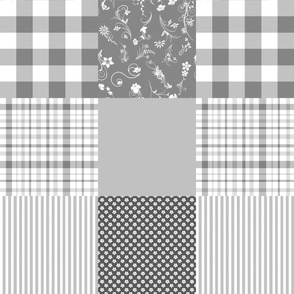 Gray Grey  , white  Cheater Quilt  flowers, checks, stripes, 6 inch blocks