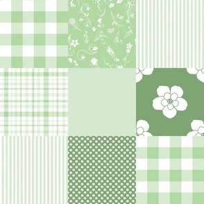 Green  , white  Cheater Quilt  flowers, checks, stripes, 6 inch blocks