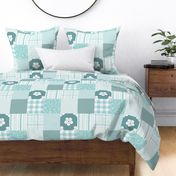 Teal  , white  Cheater Quilt  flowers, checks, stripes, 6 inch blocks