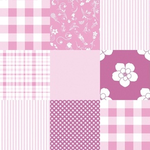 Pink  , white  Cheater Quilt  flowers, checks, stripes, 3 inch squares