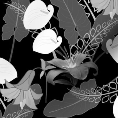 Luscious Lilies - greyscale on black, medium 