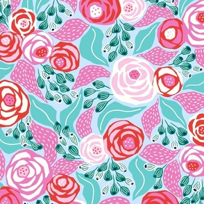 bright pink papercut roses with mint and light blue/large scale