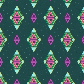 Tribal geometric pattern in dark green with green and pink diamond shapes