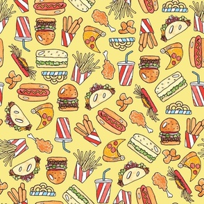 (medium)Cute fast food illustrations on yellow