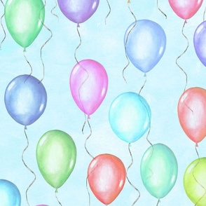 Multicolor watercolor flying balloons on blue background
