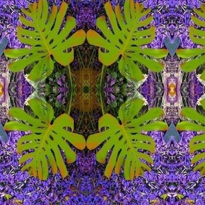 Fanned Tropical Leaves of Green on Purple (#1)