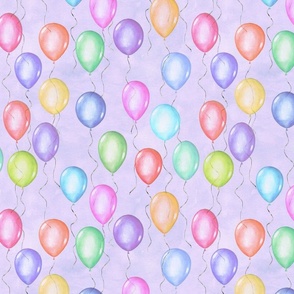 Multicolor watercolor flying balloons on purple background