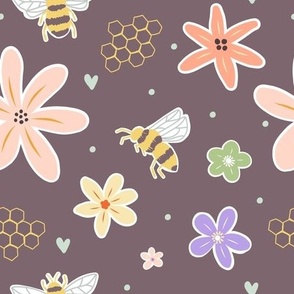 Honey Bee Floral and Honeycomb in dark grey