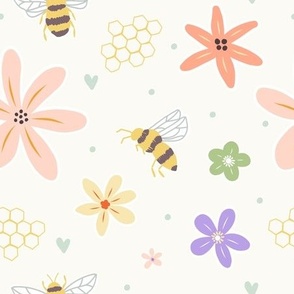 Honey Bee Floral and Honeycomb in soft cream