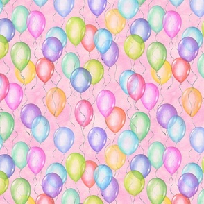 Multicolor watercolor flying balloons on pink background