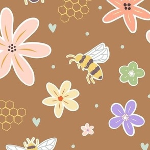 Honey Bee Floral and Honeycomb in honey brown