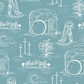 Easter Toile de Jouy:  He is Not Here for He is Risen, Soft Teal by Brittanylane
