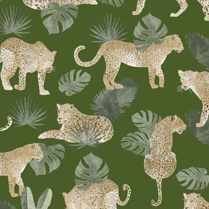 Leopard Tropical Leaves Safari Animal Jungle on Green - Large