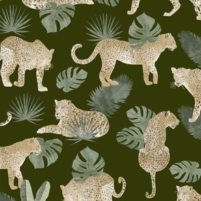 Leopard Tropical Leaves Safari Animal Jungle on Dark Green - Large