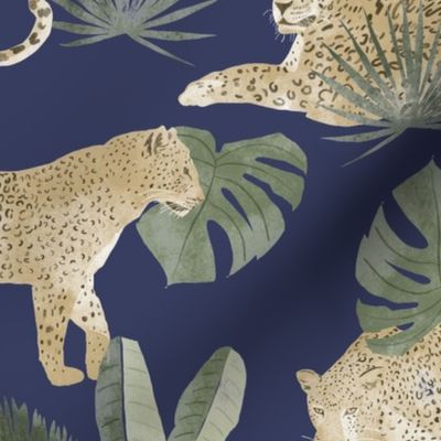 Leopard Tropical Leaves Safari Animal Jungle on Blue - Large