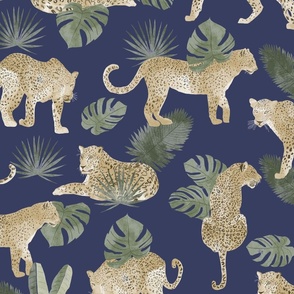 Leopard Tropical Leaves Safari Animal Jungle on Blue - Large