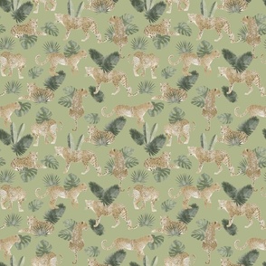 Leopards and Tropical Leaves - Small Sage Green