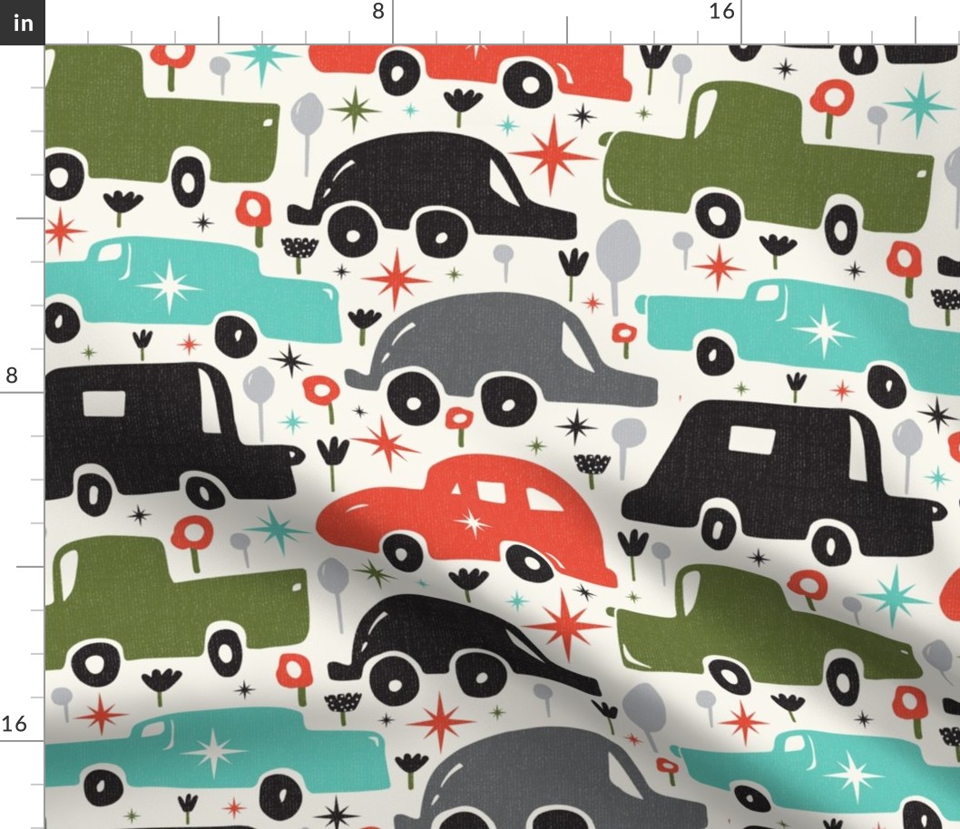 Hit The Road - Cars - Travel - Adventure Ivory Aqua Red Green Large Scale