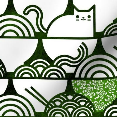 Cat Noodle Large- Forest Green and White Cute Cats Fabric- Kawaii Ramen Pets- Japanese Novelty Pet