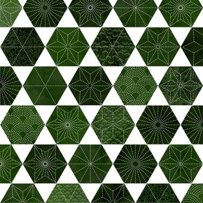 Sashiko Forest Green and White Large- Japanese Patchwork Fabric- Geometric Embroidery- Home Decor- Wallpaper