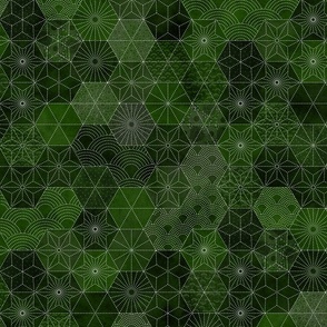 Sashiko Forest Green Large- Japanese Patchwork Fabric- Geometric Embroidery- Home Decor- Wallpaper