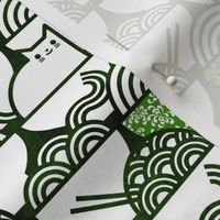 Cat Noodle Small- Forest Green and White Cute Cats Fabric- Kawaii Ramen Pets- Japanese Novelty Pet