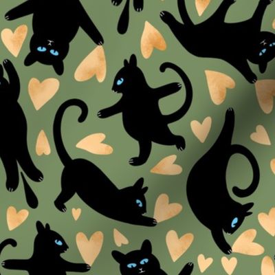 Valentines Black Cats catching hearts - sage - golden hearts, st valentines, valentine cats 