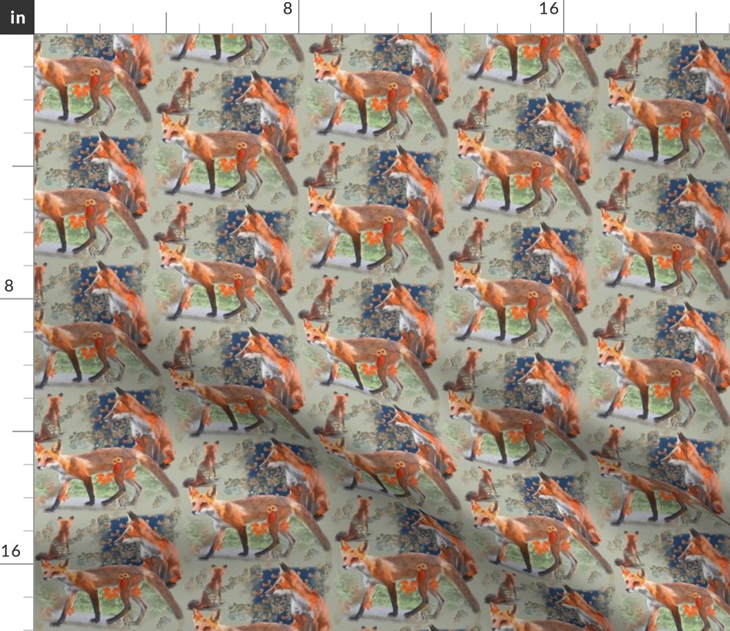 4x4-Inch Half-Drop Repeat of Where Young Foxes Roam on Sage Background