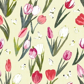 Spring Tulips and First Butterflies on light yellow