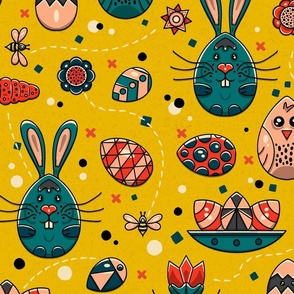 Funny Easter Eggs on Yellow / Large Scale